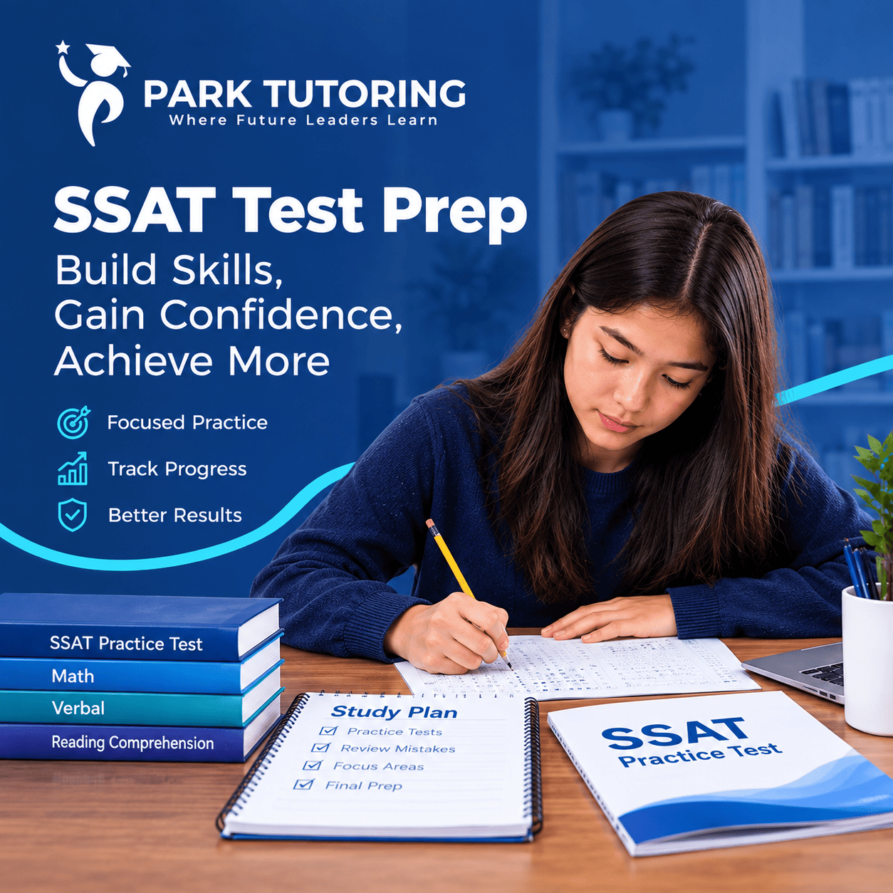 Student practicing timed SSAT test prep questions at a desk with a study planner and practice test booklet